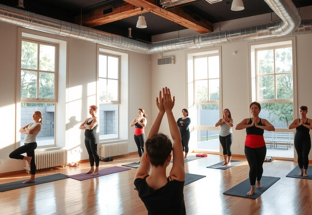 A serene yoga studio with dappled sunlight, a diverse group of people practicing yoga peacefully, embodying wellness and community.