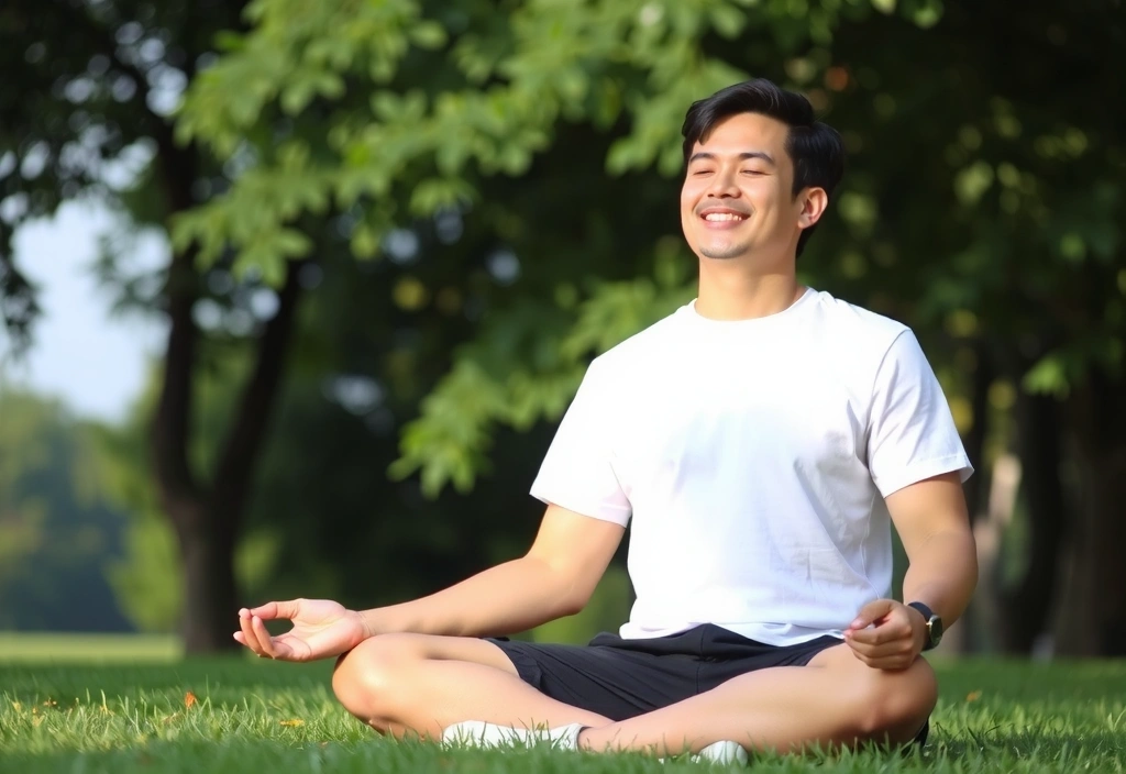A person meditating in a peaceful outdoor setting with lush greenery and soft light, symbolizing holistic wellness and mindfulness.