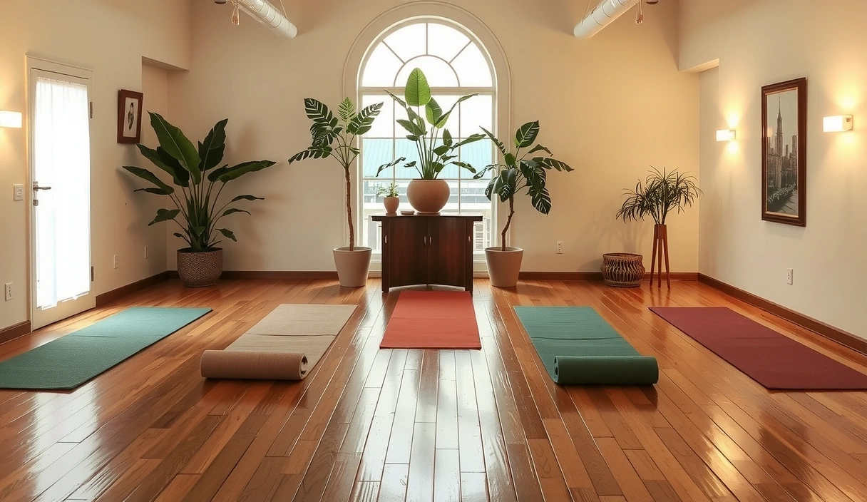 A serene yoga studio with soft lighting, mats laid out, and plants, inviting atmosphere.