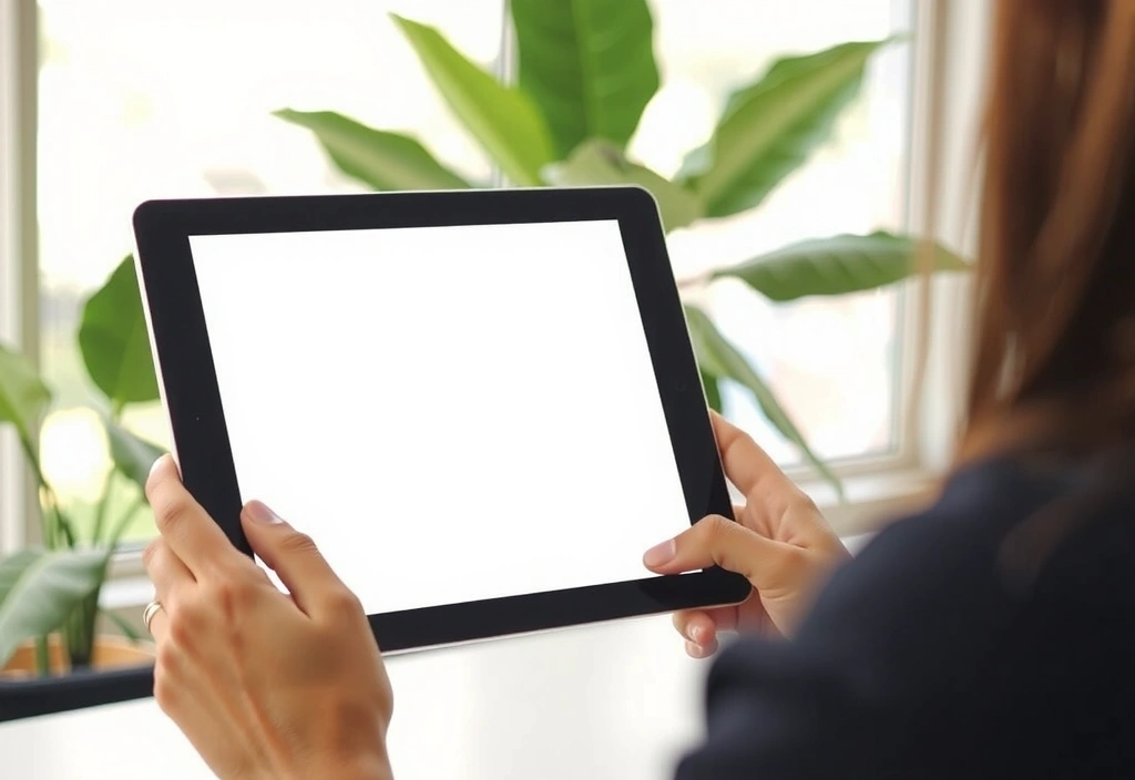 A person writing a message on a tablet, surrounded by lush green plants, symbolizing communication and well-being.