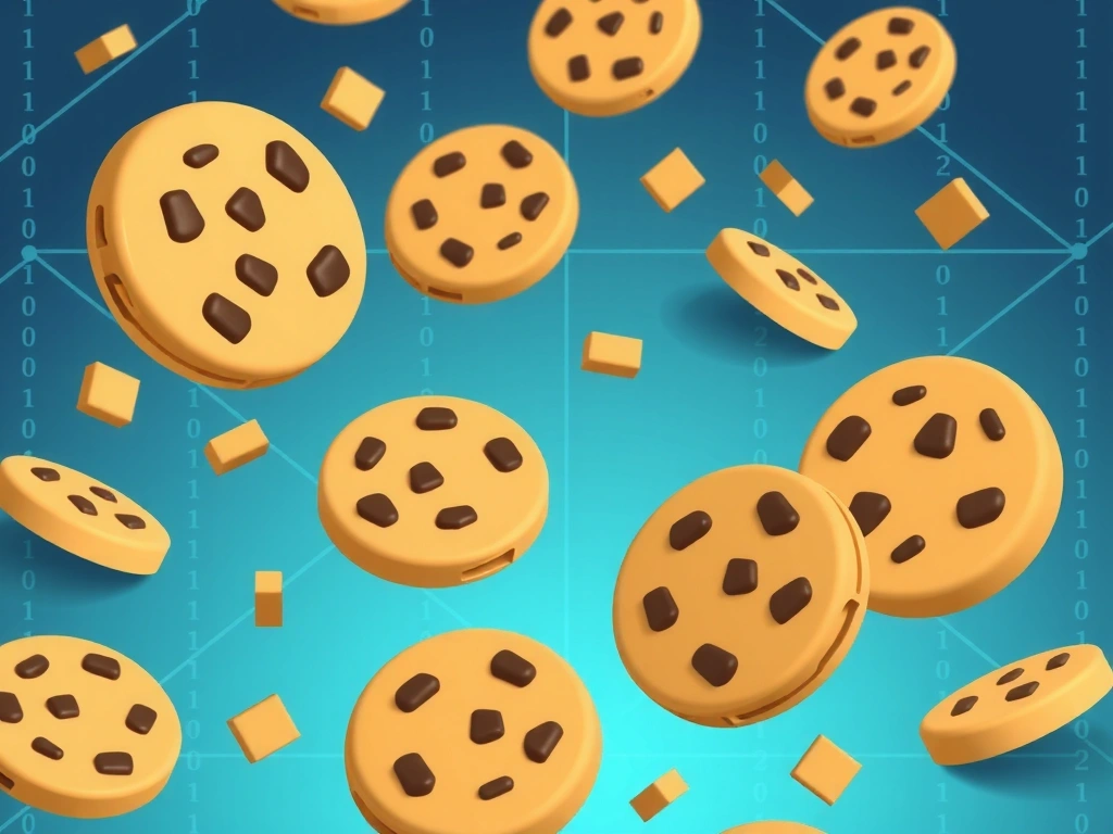 Illustration of various cookies in different shapes and sizes on a digital background, symbolizing data and privacy.