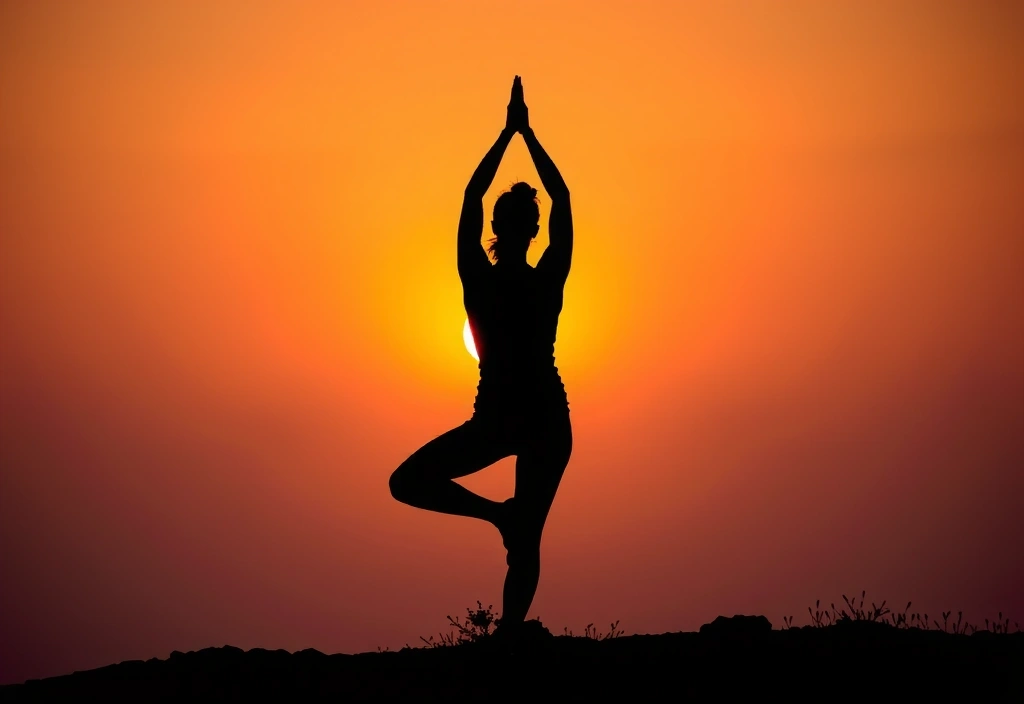 A person performing a graceful yoga pose at sunset, silhouetted against a vibrant sky, symbolizing the start of a new, peaceful journey.