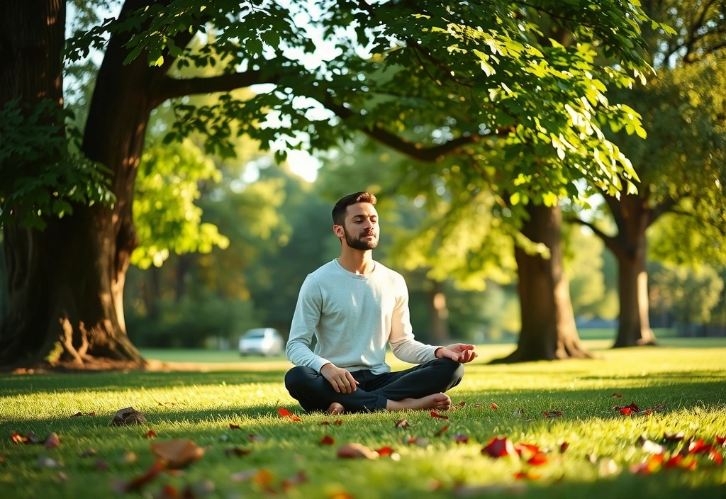 A person meditating peacefully outdoors, surrounded by nature, symbolizing tranquility and connection to the environment.