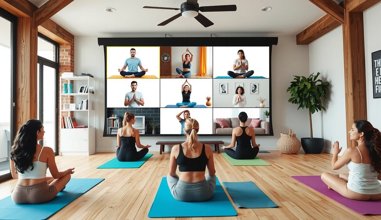 A diverse group of people practicing online yoga, each on their own mat in their homes, united by a virtual class on a screen.