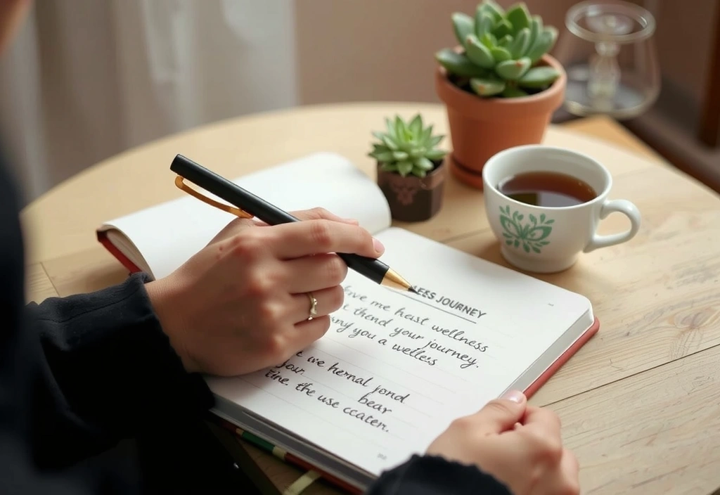 Person journaling about wellness, surrounded by calming elements