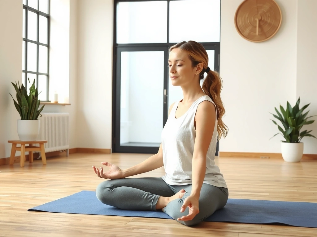 Woman meditating peacefully in a yoga studio bathed in soft, natural light, symbolizing tranquility and inner peace